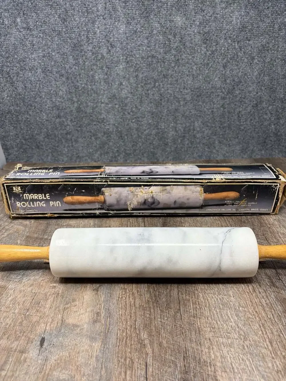 Vintage Chadwick-Miller white Marble Rolling Pin with Wooden Handles heavy 18”